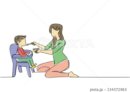Mother feeding her baby son in a high chair, shown in single line drawing style for health concept design. This artwork honors Infant Feeding Day, symbolizing parenting, care, nutrition, and wellness. 134372963