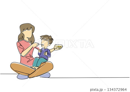 A mother feeding her young son while holding him, depicted in one line draw style for health concept design. A symbolic illustration celebrating Infant Feeding Day, focusing on parenting and wellness 134372964
