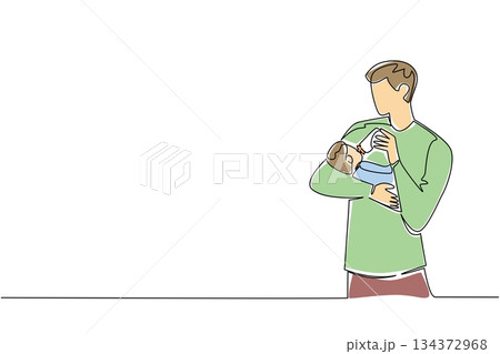 Single line drawing of a father holding his infant and bottle feeding, representing Infant Feeding Day in a health concept that reflects parenting love, support, and healthy childhood development. Single line drawing of a father holding his infant and bottle feeding, representing Infant Feeding Day in a health concept that reflects parenting love, support, and healthy childhood development. 134372968