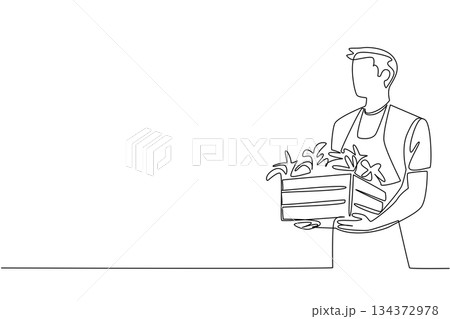Elegant one line drawing of man carrying crate filled with plants, symbolizing gardening exercise, nature care, and wellness in a lifestyle and health concept for National Gardening Exercise Day. Elegant one line drawing of man carrying crate filled with plants, symbolizing gardening exercise, nature care, and wellness in a lifestyle and health concept for National Gardening Exercise Day. 134372978