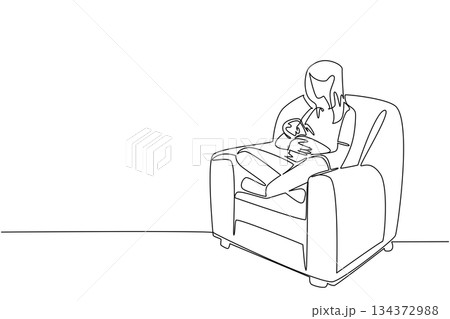 A single line drawing of a mother sitting on a sofa chair while breastfeeding her infant, created for Infant Feeding Day, symbolizing motherhood, family care, and health concept parenting love. 134372988