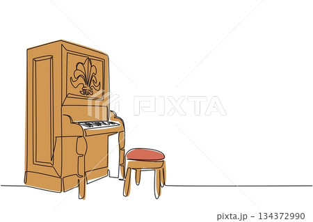 A continuous line drawing of a classic upright wooden piano with stool, symbolizing musical tradition and retro charm, celebrating Old Time Player Piano Day with a cultural heritage concept. 134372990