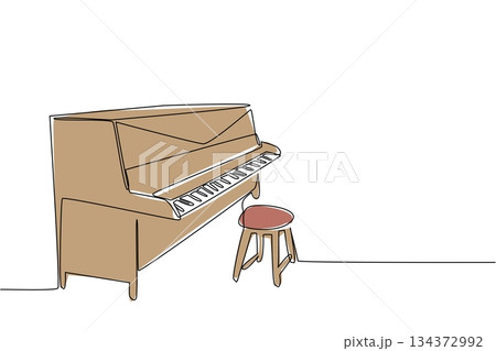 A continuous line drawing of a vintage upright piano with stool, featuring classic wood design and ornate detail, symbolizing Old Time Player Piano Day in a culture concept celebration. 134372992