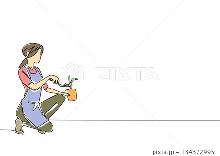 A woman is shown gardening with a small pot and spade, symbolizing healthy outdoor activity on National Gardening Exercise Day, drawn in continuous line drawing with a nature concept. 134372995