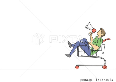 A young man with megaphone sits inside shopping cart in continuous line drawing style, representing business concept of consumer promotion, retail voice, and celebration of Shopping Cart Day. A young man with megaphone sits inside shopping cart in continuous line drawing style, representing business concept of consumer promotion, retail voice, and celebration of Shopping Cart Day. 134373013