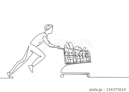 A young man pushes a grocery cart filled with products in continuous line drawing style, showcasing the business concept of retail shopping and celebrating customer culture on Shopping Cart Day. 134373014