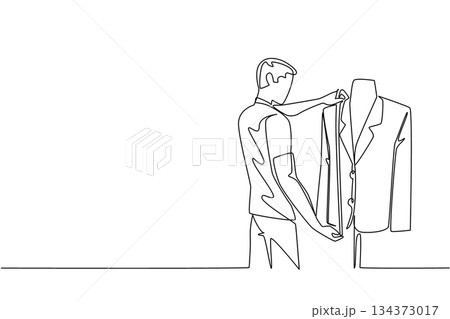 Continuous line drawing illustrates a male tailor adjusting a suit jacket on a mannequin, symbolizing bespoke fashion concept for National Tailors Day, celebrating skill, craft, and clothing design 134373017