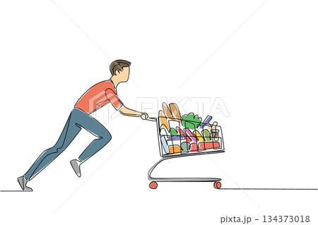 A young man pushes a grocery cart full of goods in continuous line drawing style, highlighting the retail shopping business concept and customer culture for Shopping Cart Day event. A young man pushes a grocery cart full of goods in continuous line drawing style, highlighting the retail shopping business concept and customer culture for Shopping Cart Day event. 134373018