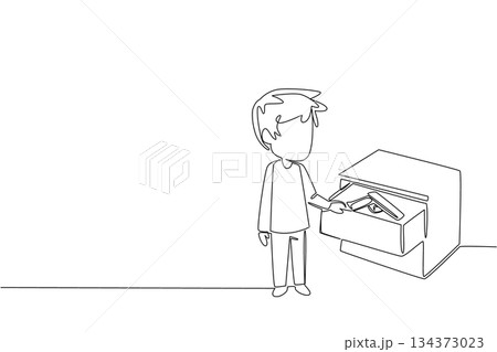 A young boy standing by a drawer, discovering a firearm inside, depicted in a single line drawing style. This safety concept highlights National SAFE Day, emphasizing child protection awareness. 134373023