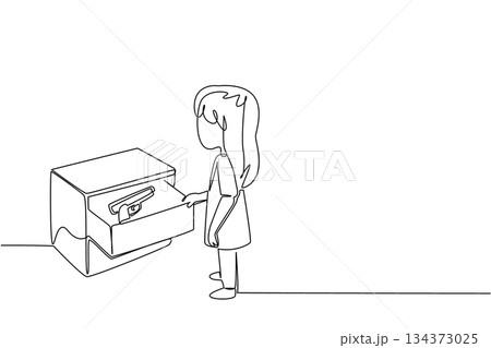 A young girl opening a drawer to discover a firearm is illustrated in continuous line drawing style. This design highlights National SAFE Day, raising awareness about safe storage and child protection 134373025