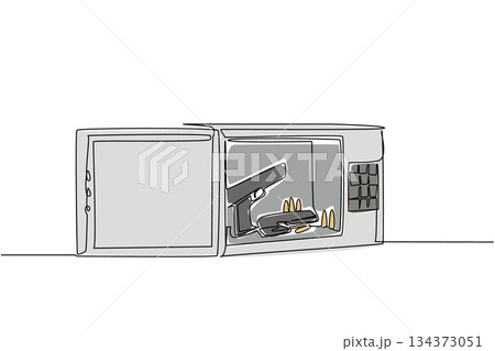 One line drawing art for National SAFE Day, showing gun and bullets stored inside a safe, symbolizing firearm storage safety, secure awareness, prevention concept, and family protection. One line drawing art for National SAFE Day, showing gun and bullets stored inside a safe, symbolizing firearm storage safety, secure awareness, prevention concept, and family protection. 134373051