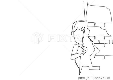 One line draw of a young boy peeking from behind ruined wall. Show fear and the hidden suffering of children in war, psychology concept for International Day of Innocent Children Victim of Aggression One line draw of a young boy peeking from behind ruined wall. Show fear and the hidden suffering of children in war, psychology concept for International Day of Innocent Children Victim of Aggression 134373056