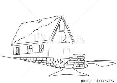 One line drawing of a rustic countryside house with steep stairs shows architectural charm and highlights eco-roof ideas, designed to represent World Green Roof Day under a nature concept. 134373173