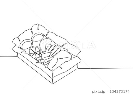 Continuous line drawing of classic fish and chips served in a takeaway box with sauces and lemon slices, representing National Fish and Chip Day in a food concept design. 134373174