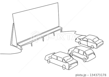 One line drawing design concept illustrating National Drive In Movie Day, with cars parked before a giant outdoor screen, symbolizing retro entertainment, nostalgia, and classic cinema culture. 134373178