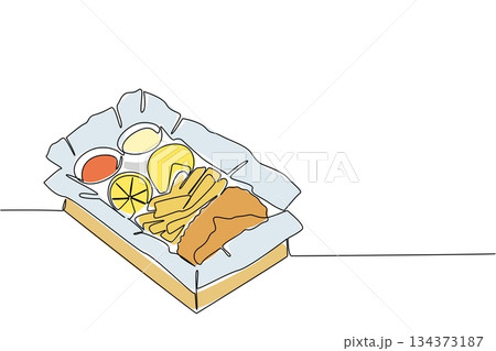 A continuous line drawing of a takeaway box filled with fish and chips, lemon slices, and dips, symbolizing comfort food culture in National Fish and Chip Day as a food concept. A continuous line drawing of a takeaway box filled with fish and chips, lemon slices, and dips, symbolizing comfort food culture in National Fish and Chip Day as a food concept. 134373187