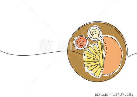 One line drawing of a round plate with fish, chips, lemon slice, and sauces, capturing traditional flavors and heritage of National Fish and Chip Day as a food concept design. One line drawing of a round plate with fish, chips, lemon slice, and sauces, capturing traditional flavors and heritage of National Fish and Chip Day as a food concept design. 134373188