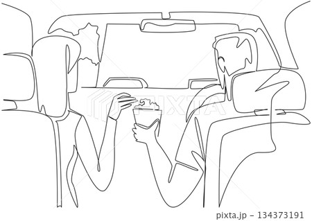 Single line drawing design concept celebrating National Drive In Movie Day, showing a young man and woman sharing popcorn inside a car, symbolizing romance, nostalgia, and cinematic joy. Single line drawing design concept celebrating National Drive In Movie Day, showing a young man and woman sharing popcorn inside a car, symbolizing romance, nostalgia, and cinematic joy. 134373191