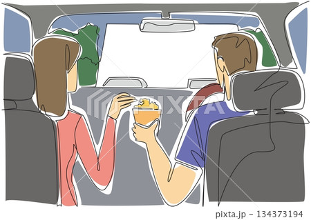 A man and woman sharing snacks inside a car at a drive-in, symbolizing romantic bonding and leisure under National Drive-In Movie Day in a continuous line drawing entertainment concept. 134373194