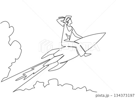 Continuous line drawing of a graduate man in cap and gown riding a rocket, honoring National Higher Education Day with an education concept of ambition, progress, and academic achievement. 134373197