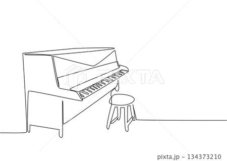 An antique player piano with stool is drawn in continuous line drawing style, reflecting music concept, vintage charm, and celebration of nostalgic culture for Old Time Player Piano Day event. 134373210