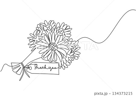A continuous line drawing of a daisy bouquet with a thank you note tag paper, expressing a nature concept of beauty and appreciation, symbolizing gratitude for Thank You Day celebrations worldwide. 134373215