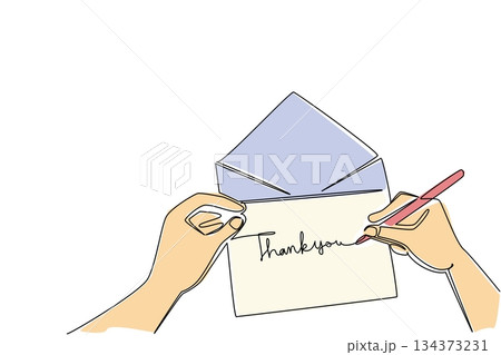 Colorful one line drawing of human hands writing a thank you card into an envelope paper, representing gratitude, kindness, and appreciation in a lifestyle concept for Thank You Day celebration. 134373231