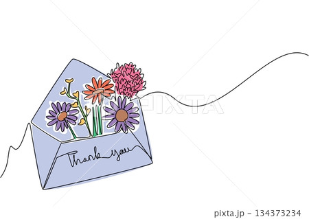 One line drawing of an purple envelope paper filled with flowers and handwritten thank you text, symbolizing gratitude and appreciation in a simple art style for Thank You Day celebration concept. 134373234