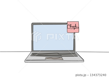 A single line drawing of a laptop with a thank you sticky note on the screen, representing a business concept of digital appreciation and gratitude in celebration of Thank You Day in modern workplaces 134373240