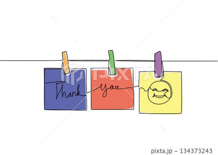 A one line drawing of thank you notes hanging on a string with clips, expressing a business concept of shared appreciation and celebration of Thank You Day with creativity and joyful communication. 134373243