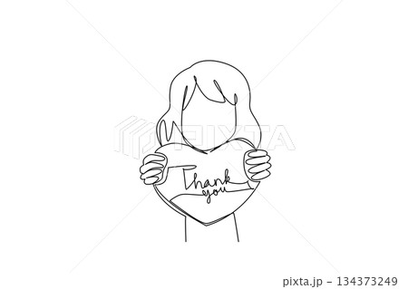 An elegant one line drawing of a girl holding a thank you heart letter, conveying love and appreciation in a minimalist style, created as a meaningful business concept for Thank You Day celebration. 134373249