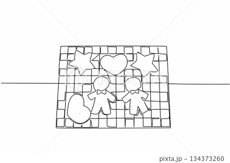 Continuous line drawing illustration of assorted gingerbread cookies including stars, hearts, and human shapes on a tray, created for National Gingerbread Cookie Day as a festive design concept. 134373260
