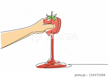 A continuous line drawing food concept showing National Ketchup Day with a hand squeezing a tomato flowing into ketchup, symbolizing transformation, flavor, freshness, and culinary tradition. 134373269