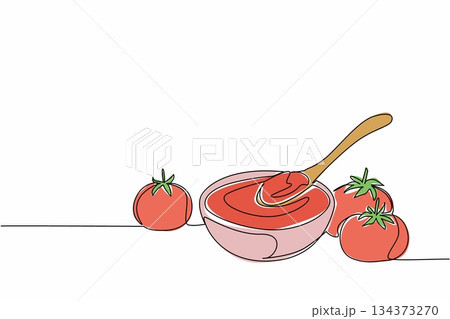 Continuous line drawing food concept for National Ketchup Day featuring a bowl of rich tomato ketchup with a wooden spoon and fresh ripe tomatoes, celebrating taste, freshness, and joy. Continuous line drawing food concept for National Ketchup Day featuring a bowl of rich tomato ketchup with a wooden spoon and fresh ripe tomatoes, celebrating taste, freshness, and joy. 134373270