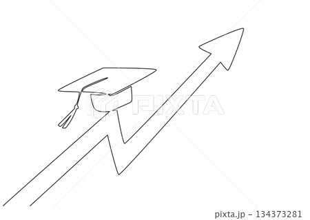 A minimal single line drawing of a graduation cap riding on an upward arrow, symbolizing growth, progress, and success in education for National Higher Education Day in a business concept style. 134373281