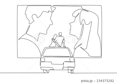 Single line drawing design concept for National Drive In Movie Day, showing a couple seated on their car roof watching a romantic film, symbolizing love, nostalgia, and outdoor cinematic charm. 134373282