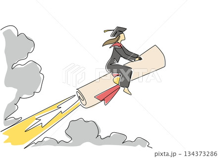 Continuous line drawing of a young woman in graduation gown riding a diploma rocket through clouds, symbolizing ambition, success, and progress for National Higher Education Day theme. 134373286