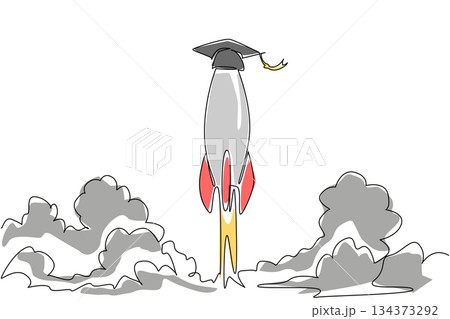 Rocket wearing a graduation cap blasting upward symbolizes academic excellence and ambition, ideal for National Higher Education Day in a one line drawing, education concept, success theme. Rocket wearing a graduation cap blasting upward symbolizes academic excellence and ambition, ideal for National Higher Education Day in a one line drawing, education concept, success theme. 134373292