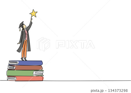 Young graduate woman standing on stacked books reaching for a star symbolizes ambition and lifelong learning, perfect for National Higher Education Day in a single line drawing, education concept Young graduate woman standing on stacked books reaching for a star symbolizes ambition and lifelong learning, perfect for National Higher Education Day in a single line drawing, education concept 134373298