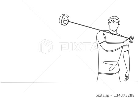 A continuous line drawing of a young man skillfully performing an over-the-shoulder yo-yo trick, symbolizing motion, freestyle, and balance for National Yo-Yo Day creative design concept. 134373299