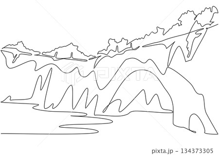 A continuous line drawing of a karst bridge formation with rocks, river, and trees, created as a nature concept to illustrate National Caves and Karst Day in an elegant abstract style. 134373305