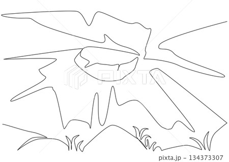 A single line drawing of sharp karst peaks with rocky slopes and abstract outlines, created for nature concept illustration to celebrate National Caves and Karst Day in a modern vector style. 134373307