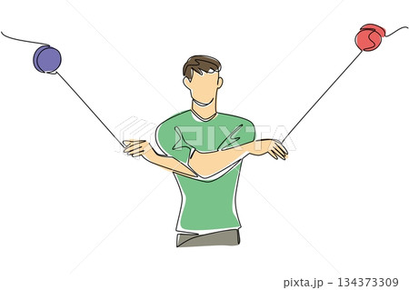 A single line drawing of a young man playing with two yo-yos in motion, symbolizing balance, energy, and creativity in a cultural art concept for National Yo Yo Day. 134373309
