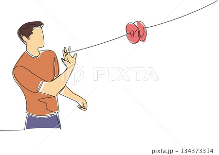 A continuous line drawing of a young man mastering advanced yo-yo tricks, representing precision, balance, and creativity in a cultural event concept for National Yo Yo Day. 134373314