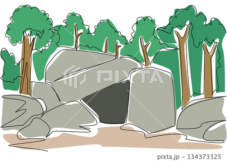 A continuous line drawing showing a rocky cave hidden within a forest of green trees, expressing the nature concept and geology theme for National Caves and Karst Day observance. 134373325