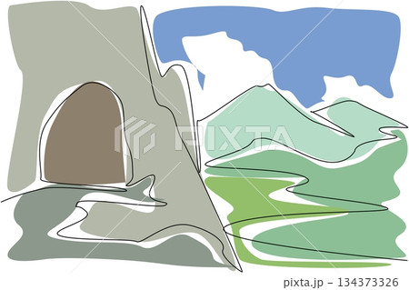 A one line drawing illustrating a cave entrance alongside rolling mountains and sky, emphasizing the geology concept and nature theme for National Caves and Karst Day recognition. 134373326