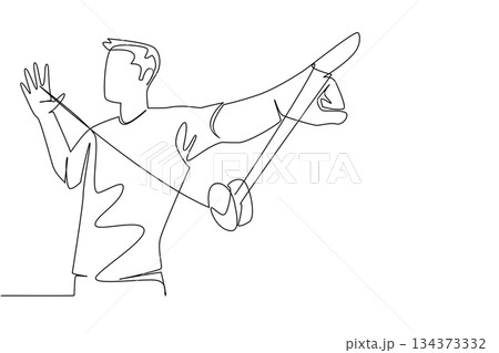 A single line drawing of a young man showcasing freestyle yo-yo tricks with extended arms, symbolizing artistry and motion. This creative concept celebrates National Yo Yo Day. 134373332