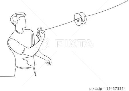 A continuous line drawing of a young man making a horizontal yo-yo throw, emphasizing freestyle and precision. This illustration symbolizes motion and creativity on National Yo Yo Day. 134373334
