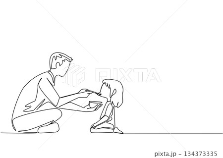 Single line drawing of a father feeding his little daughter with a spoon, illustrating parenting bond, fatherly care, and family love in a parenting concept. 134373335