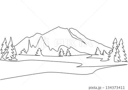 A continuous line drawing of Chimborazo mountain framed by pine trees, highlighting Ecuador Andes beauty with a nature concept for international Chimborazo Day celebration and cultural awareness. 134373411